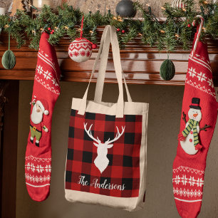 Red Buffalo Plaid & Deer   Personal Name Gift Tote Bag