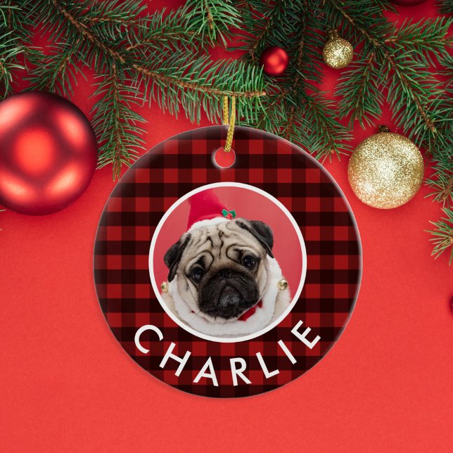 Red Buffalo Plaid Dog Photo Ceramic Ornament (Creator Uploaded)