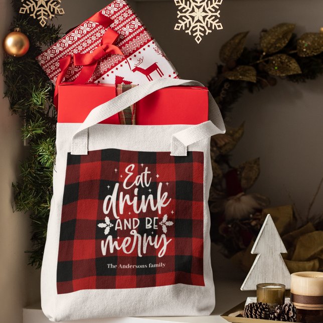 Red Buffalo Plaid “Eat, Drink & Be Merry” Tote Bag (Creator Uploaded)