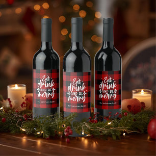 Red Buffalo Plaid “Eat, Drink & Be Merry”  Wine Label