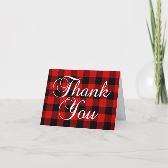Red Buffalo Plaid Elegant Calligraphy Thank You Card (Front)