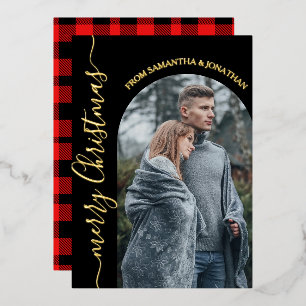 Red Buffalo Plaid elegant christmas family photo Foil Holiday Card