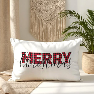 Red Buffalo Plaid Elegant Script Merry Christmas Lumbar Cushion