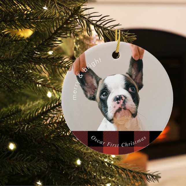 Red Buffalo Plaid Family Dog | Dog First Christmas Ceramic Ornament (Creator Uploaded)