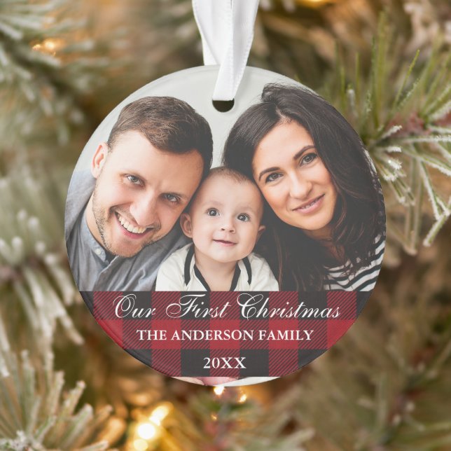 Red Buffalo Plaid Family Our First Christmas Ornament (Tree)