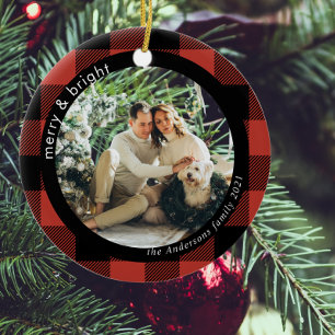 Red Buffalo Plaid Family Photo   Merry And Bright Ceramic Ornament