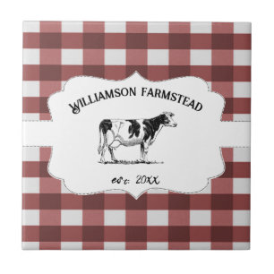 Red Buffalo Plaid Farm Cow Decorative Ceramic Tile