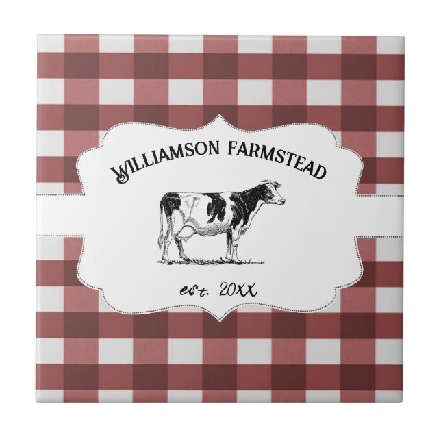 Red Buffalo Plaid Farm Cow Decorative Ceramic Tile (Front)