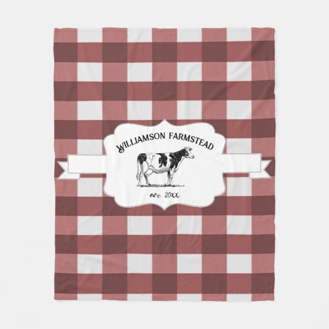 Red Buffalo Plaid Farm Cow Fleece Blanket (Front)