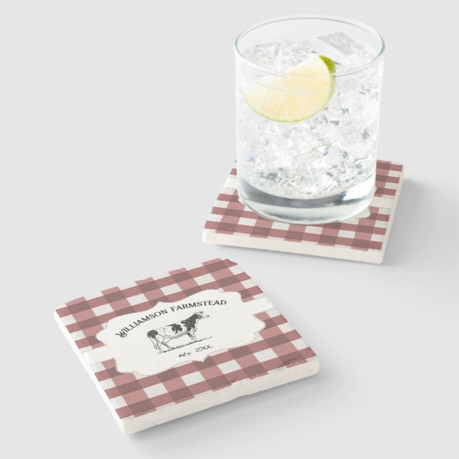 Red Buffalo Plaid Farm Cow Stone Coaster (Side)