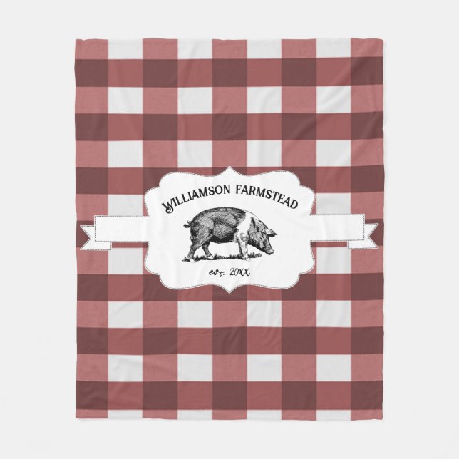 Red Buffalo Plaid Farm Pig Fleece Blanket (Front)