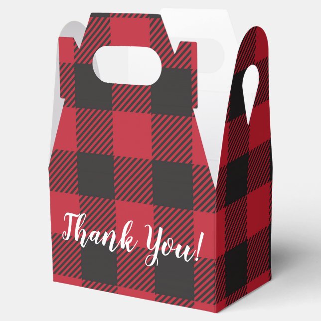 Red Buffalo Plaid Favour Box with editable text (Opened)