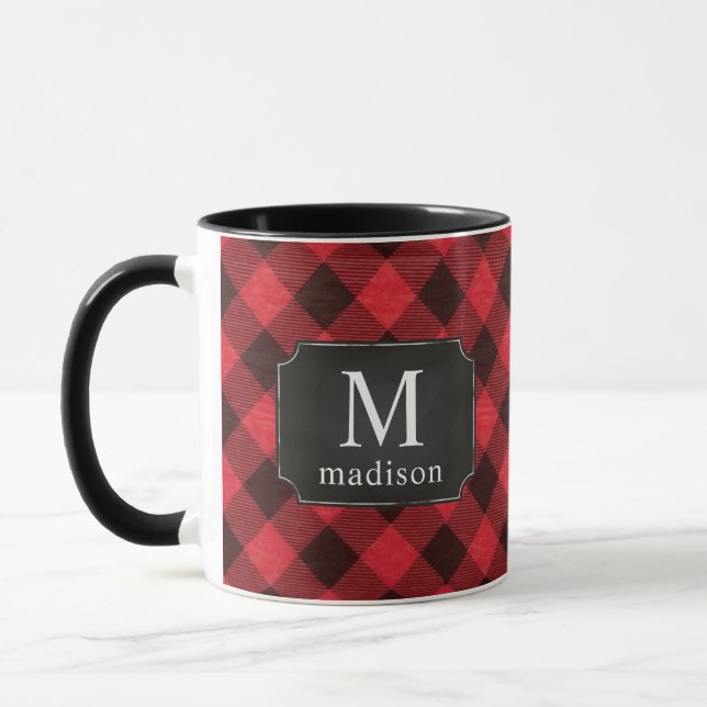 Red Buffalo Plaid Flannel Monogrammed Name  Mug (Left)