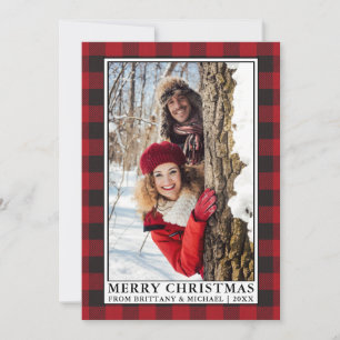 Red Buffalo Plaid Framed Couple Photo Christmas Holiday Card