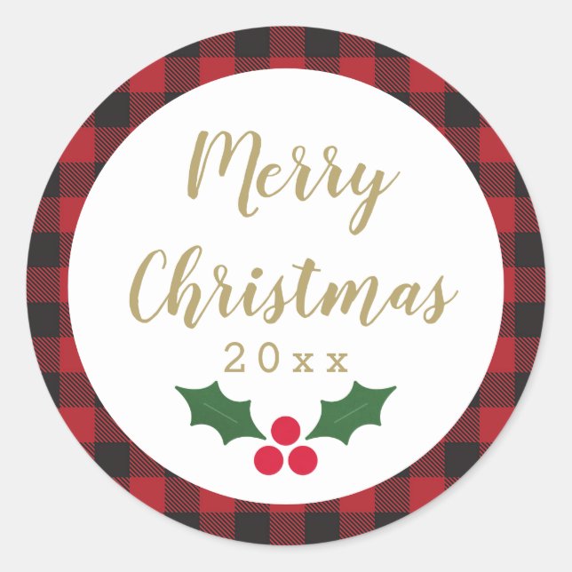 Red Buffalo Plaid Gold Merry Christmas 2021 Classic Round Sticker (Front)