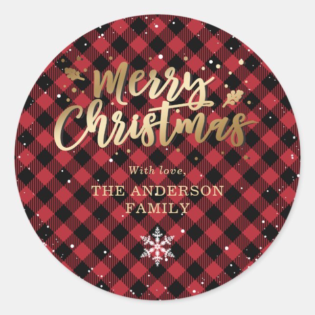 Red Buffalo Plaid Gold Snow Christmas Classic Round Sticker (Front)