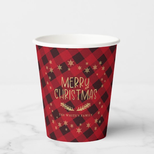 Red Buffalo Plaid Gold Snowflake Merry Christmas Paper Cups (Front)