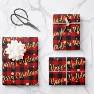 Red Buffalo Plaid Gold Writing Christmas Jingle Wrapping Paper Sheet