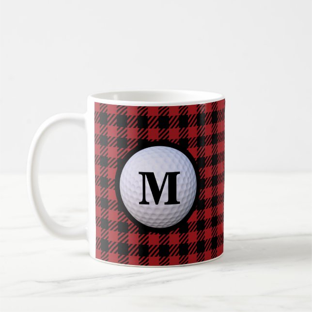 Red Buffalo Plaid Golf Ball Monogram Coffee Mug (Left)