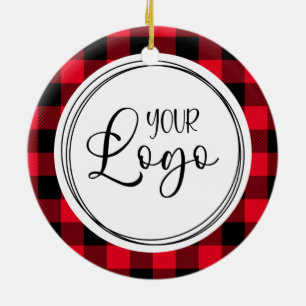 Red Buffalo Plaid Happy Holidays Business Logo Ceramic Ornament