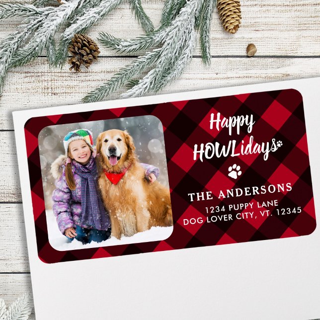 Red Buffalo Plaid Happy HOWLidays Custom Photo  Label (Creator Uploaded)