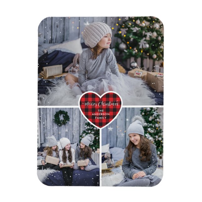 Red Buffalo Plaid Heart Snow Photo Merry Christmas Magnet (Vertical)