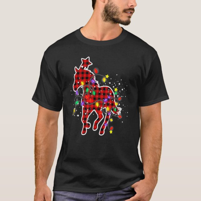 Red Buffalo Plaid Horse Christmas Pyjamas Xmas Tre T-Shirt (Front)