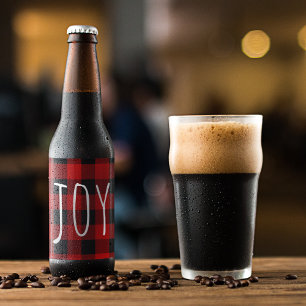 Red Buffalo Plaid & Joy   Happy Holiday Beer Bottle Label