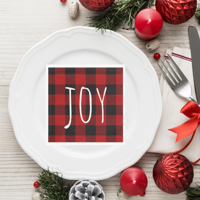 Red Buffalo Plaid & Joy | Happy Holiday Napkin (Creator Uploaded)