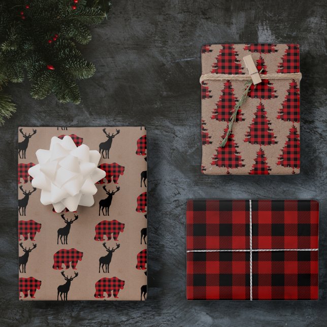 red buffalo plaid + kraft woodland christmas gift wrapping paper sheet (Creator Uploaded)