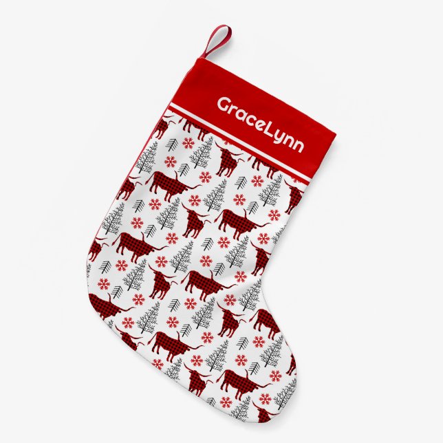 Red Buffalo Plaid Longhorn Pattern Small Christmas Stocking (Front (Hanging))
