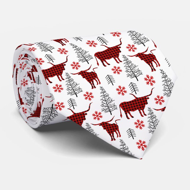 Red Buffalo Plaid Longhorn Pattern Tie (Rolled)