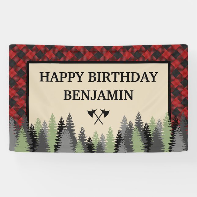 Red Buffalo Plaid Lumberjack Birthday Party Banner (Horizontal)