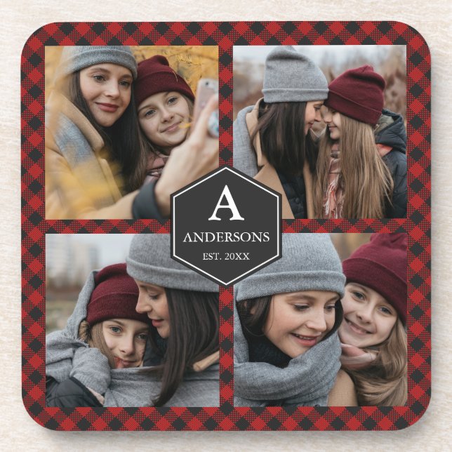 Red Buffalo Plaid Lumberjack Family Photo Collage Coaster (Front)