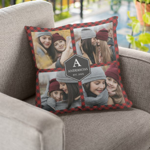 Red Buffalo Plaid Lumberjack Family Photo Collage Cushion