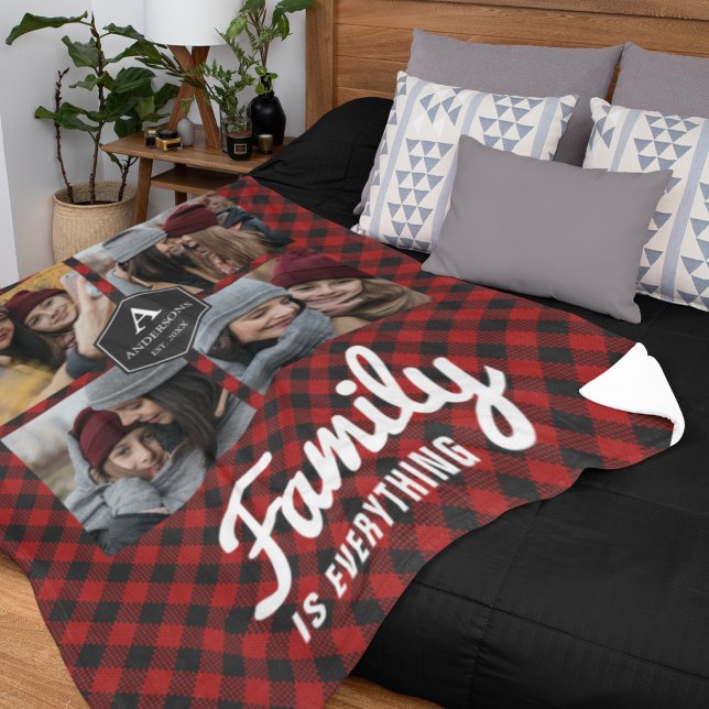Red Buffalo Plaid Lumberjack Family Photo Collage Fleece Blanket (Creator Uploaded)