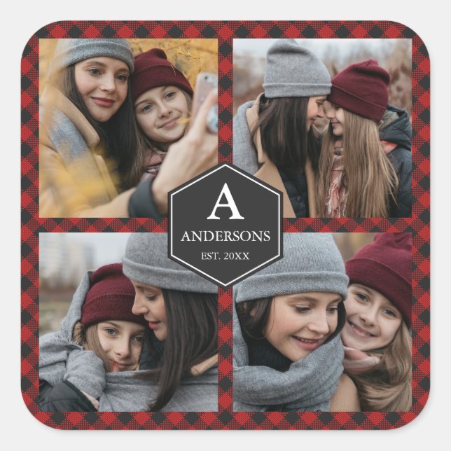 Red Buffalo Plaid Lumberjack Family Photo Collage Square Sticker (Front)