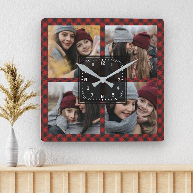 Red Buffalo Plaid Lumberjack Family Photo Collage Square Wall Clock (Creator Uploaded)