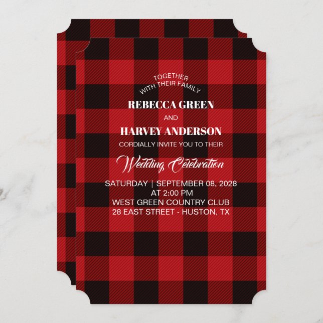 red buffalo plaid lumberjack rustic winter wedding invitation (Front/Back)