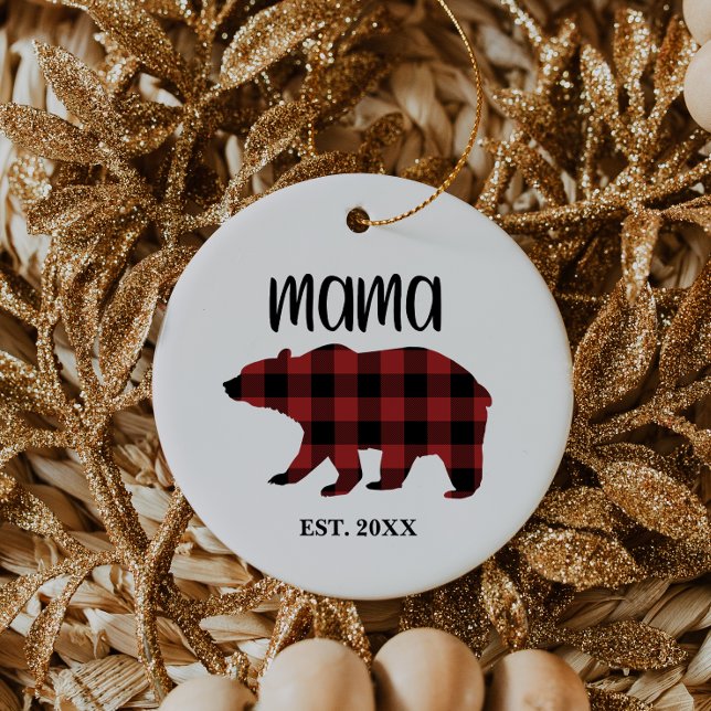 Red Buffalo Plaid Mama Bear Holiday Gift Ceramic Ornament (Creator Uploaded)