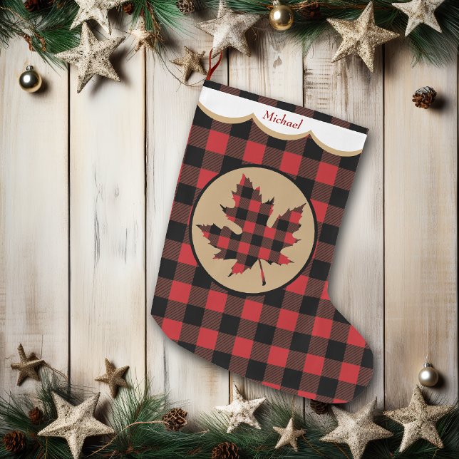 Red Buffalo Plaid Maple Leaf Personalised Large Christmas Stocking (Creator Uploaded)
