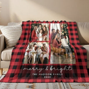 Red Buffalo Plaid Merry & Bright Christmas Photo Fleece Blanket