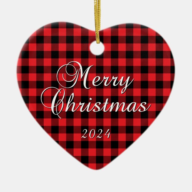 Red Buffalo Plaid Merry Christmas Couple Photo Ceramic Ornament (Front)