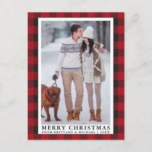 Red Buffalo Plaid Merry Christmas Couple Photo Postcard