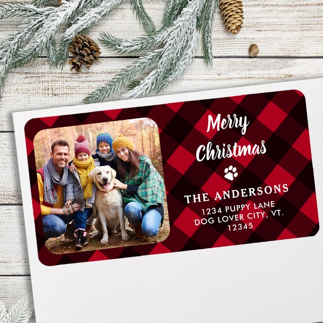 Red Buffalo Plaid Merry Christmas Custom Photo Label (Creator Uploaded)