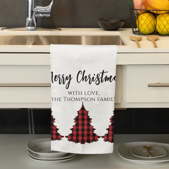 Red Buffalo Plaid Merry Christmas Custom Tea Towel (Merry Christmas red and black Christmas tree kitchen towel.)