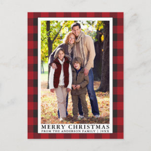 Red Buffalo Plaid Merry Christmas Family Photo Postcard