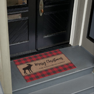 Red Buffalo Plaid Merry Christmas Moose Holiday Doormat