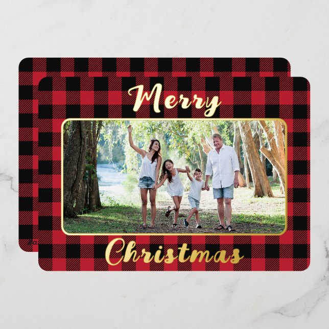 Red Buffalo Plaid Merry Christmas One Photo Foil Holiday Card (Front/Back)