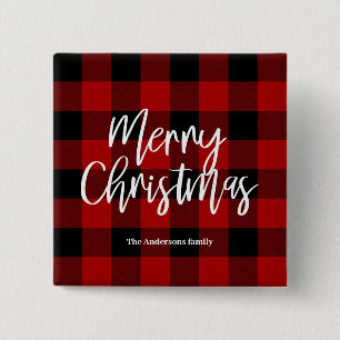 Red Buffalo Plaid & Merry Christmas Personal Name 15 Cm Square Badge